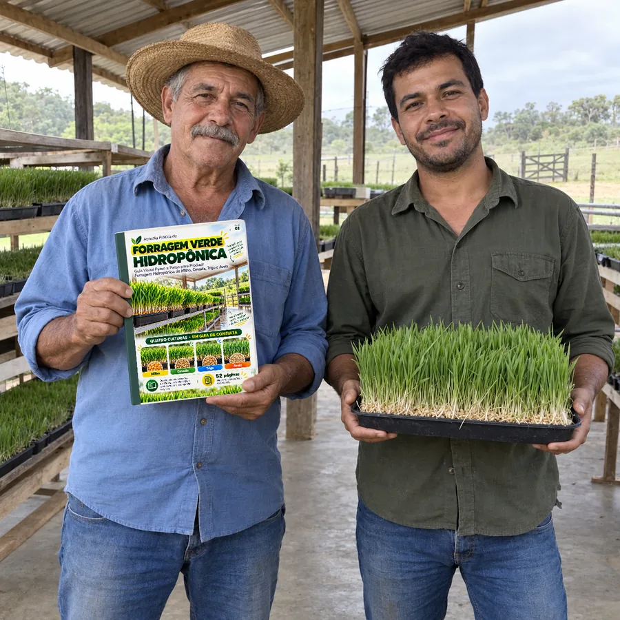 Cena ilustrativa de pai e filho com a apostila e uma bandeja de forragem verde